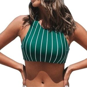 Cupshe Women’s Bikini Top Size Small Green Teal Striped Criss Cross Back Padded
